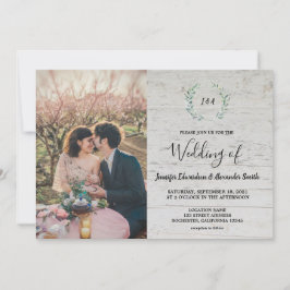Rustic leaves on barn wood monogram photo Wedding Inbjudningar