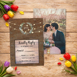 Rustic leaves wood string lights Wedding RSVP  Inbjudningar