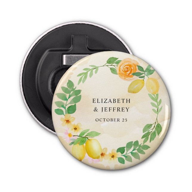 Rustic Lemon Citrus Boho Summer Bröllop Flasköppnare (Framsidan)