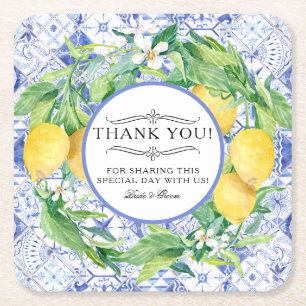 Rustic Lemon Farm Greenery WandeBlue White Tile Underlägg Papper Kvadrat