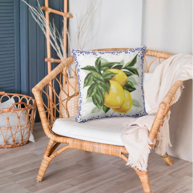 Rustic Lemon och Blue Toile Gräns accent Kudde (Skapare uppladdad)