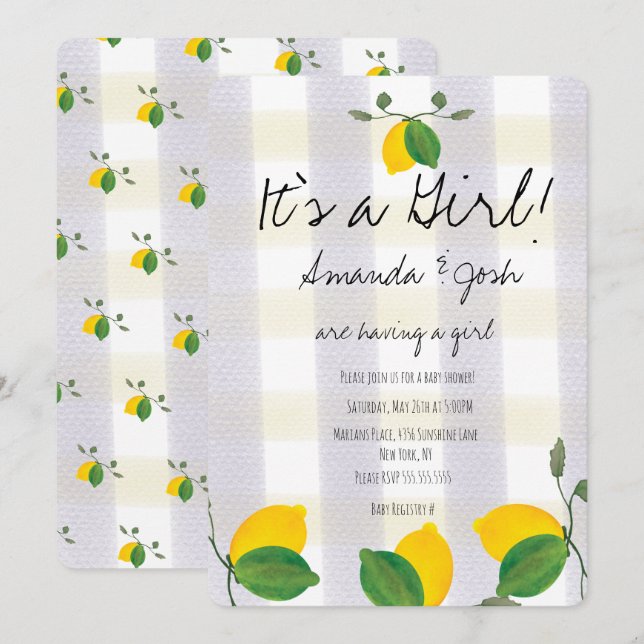 Rustic Lemon Watercolor Citrus Land Baby Shower Inbjudningar (Fram/baksida)