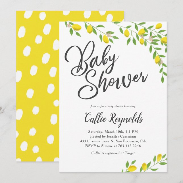 Rustic Lemons Gult Baby Shower Inbjudningar (Fram/baksida)