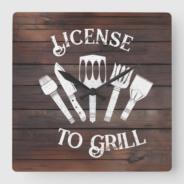 Rustic "Licence to Grill" Wall Clock - Lustigt BBQ Fyrkantig Klocka (Framsida)