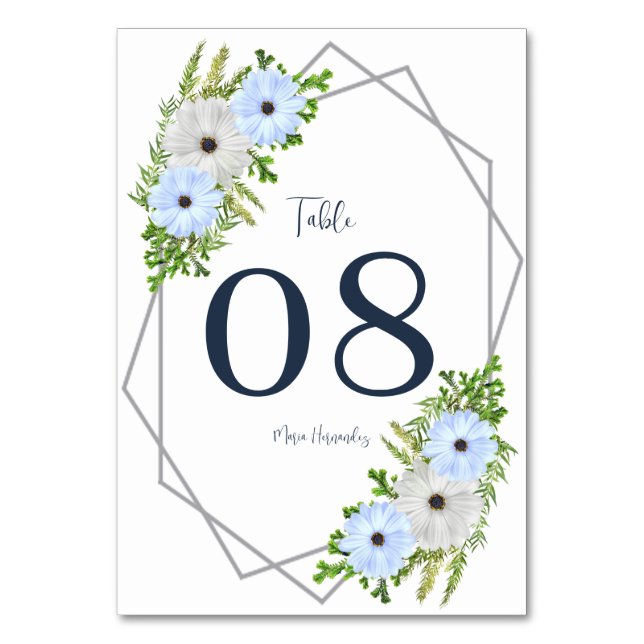 Rustic Light Blue and White Floral Quinceañera  Bordsnummer (Framsidan)