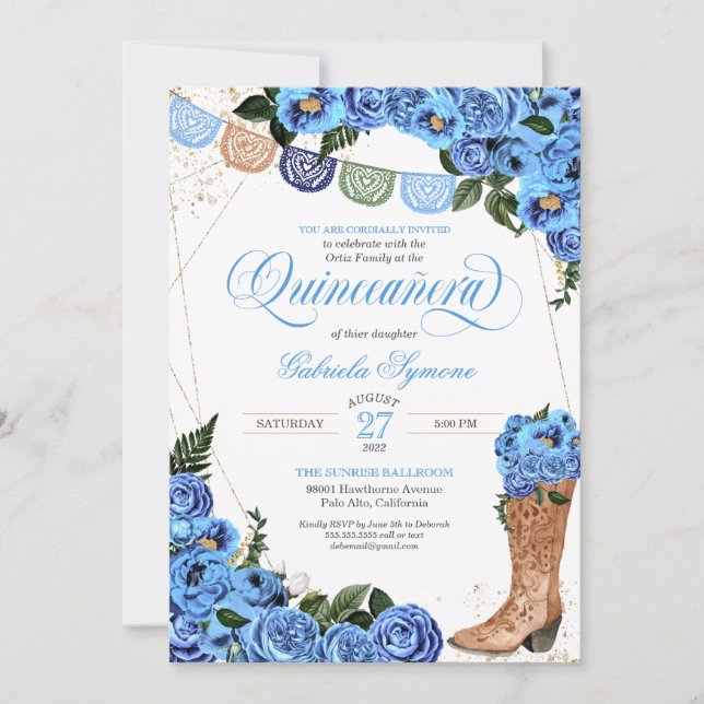 Rustic Light Blue Land Boots Charra Quinceañera Inbjudningar (Framsida)