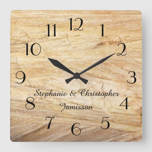 Rustic Light Brown Faux Stone Clock Personlig Fyrkantig Klocka (Framsida)