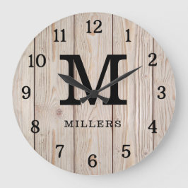 Rustic Light Brown Wood Family Namn Monogrammed Stor Klocka
