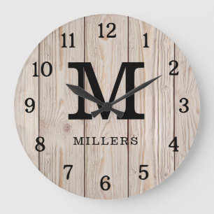 Rustic Light Brown Wood Family Namn Monogrammed Stor Klocka