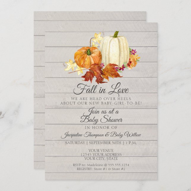 Rustic Light Grått Wooden Pumpkin Girl Baby Shower Inbjudningar (Fram/baksida)