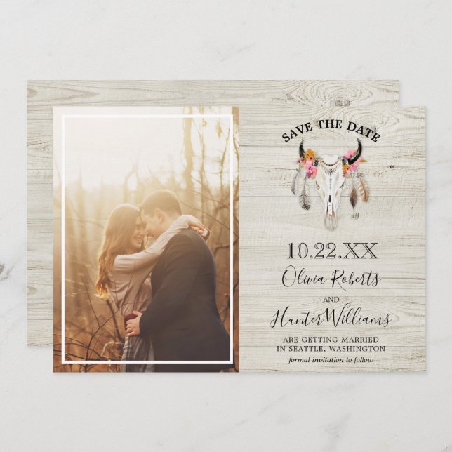 Rustic Light Wood Antler Photo Save Date Inbjudningar (Fram/baksida)