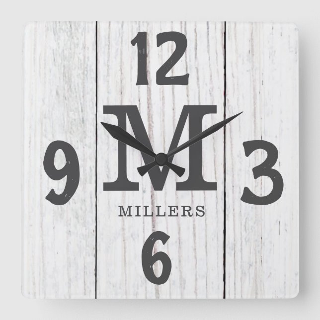 Rustic Light Wood Family Namn Monogram Farmhouse Fyrkantig Klocka (Framsida)