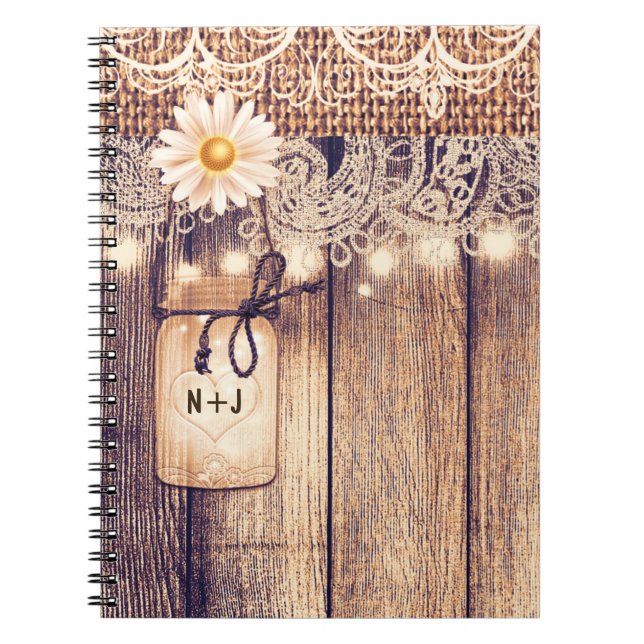 Rustic Lighted Mason Burk Daisy & Snöre Anteckningsbok Med Spiral (Framsidan)