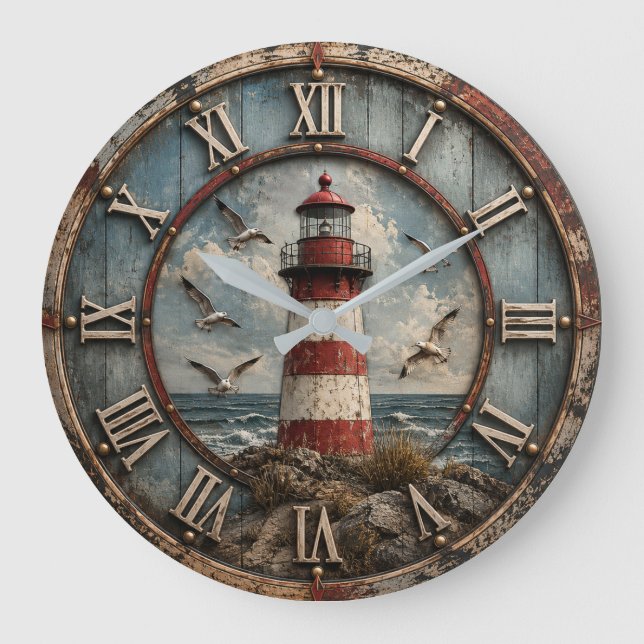 Rustic Lighthouse Coastal Nautical Beach House  Stor Klocka (Framsida)