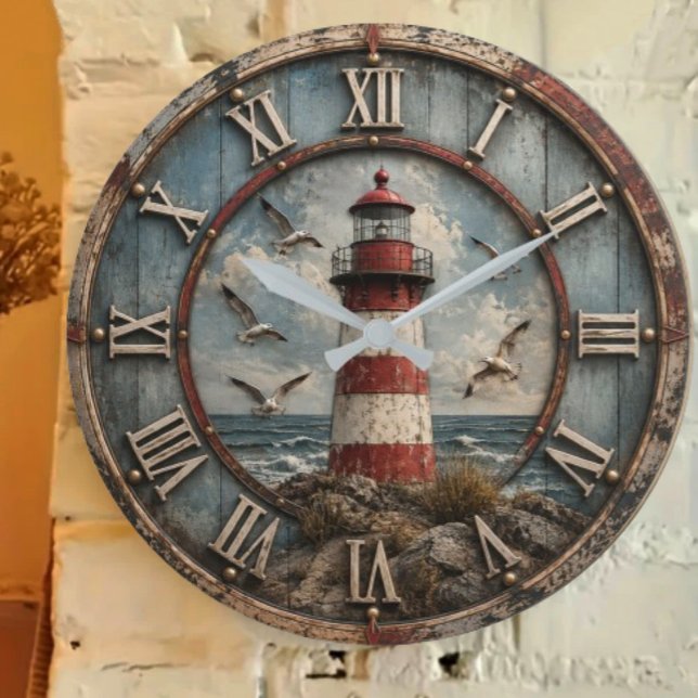 Rustic Lighthouse Coastal Nautical Beach House  Stor Klocka (Skapare uppladdad)