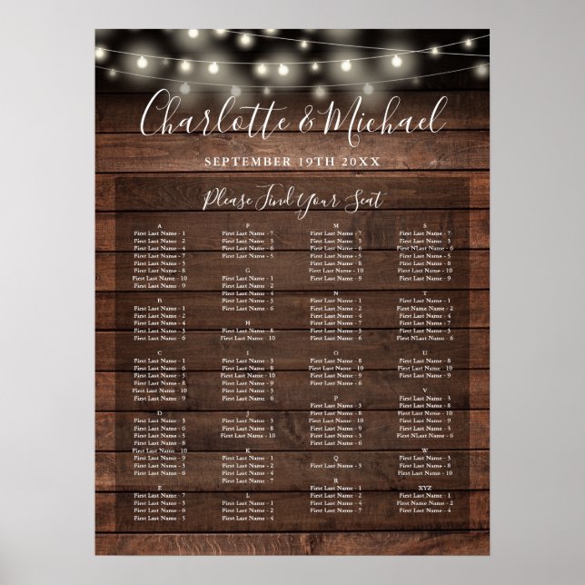 Rustic Lights Alphabetical Wedding Seating Chart Poster (Framsidan)