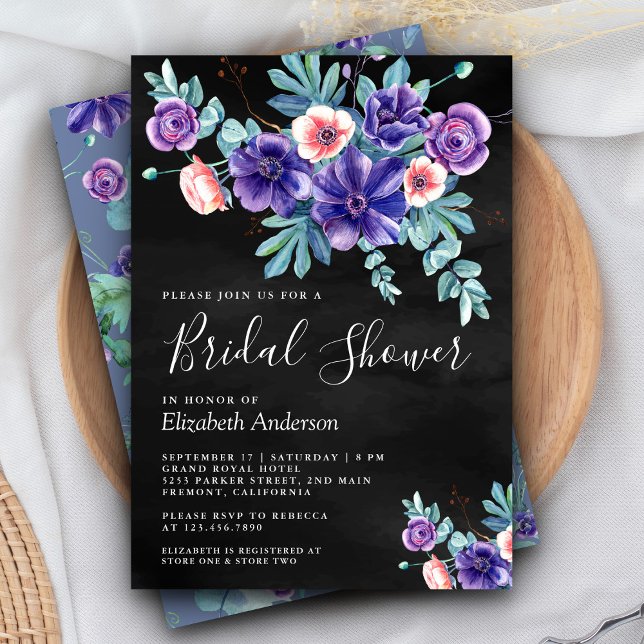Rustic Lila Anemones Bouquet Black Möhippa Inbjudningar (Skapare uppladdad)