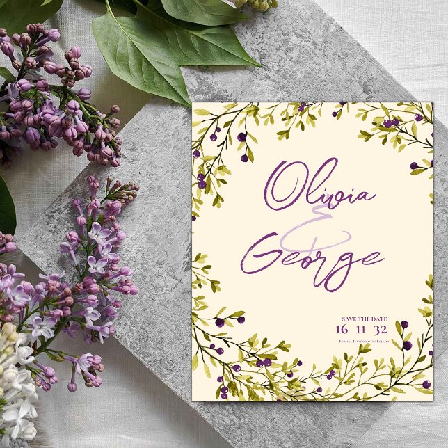 Rustic Lila Berry Löv Bröllop spara datum (Rustic Purple Berry Leaves Wedding Save the Date)