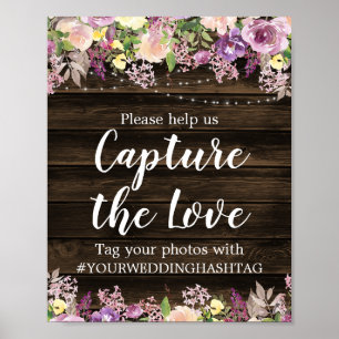 Rustic Lila Blommigt String Ljus Bröllop Hashtag Poster