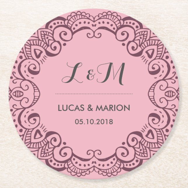 Rustic Lila Blommigt Swirl Bröllopsfest för orname Underlägg Papper Rund (Framsidan)