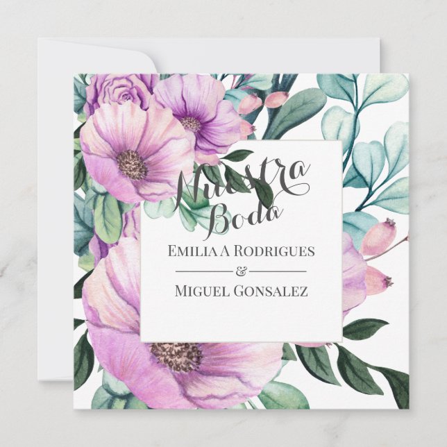 Rustic Lila Bloom Nuestra Boda Spanska Bröllop Inbjudningar (Framsida)