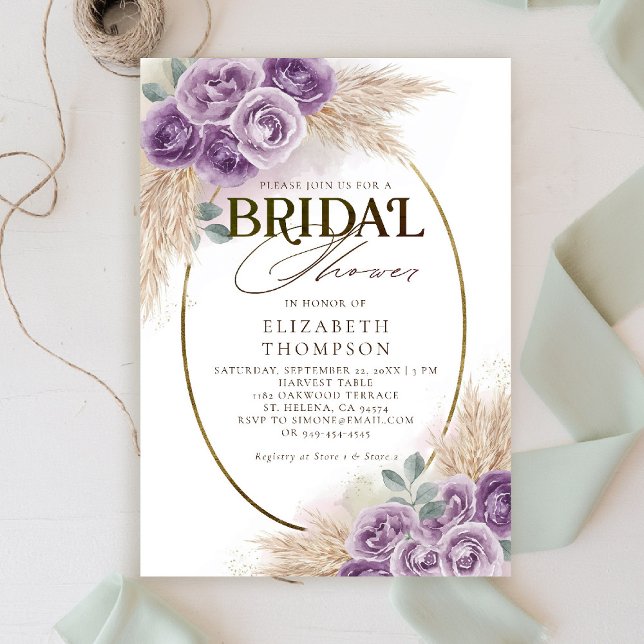 Rustic Lila Boho Chic Blommigt Ram Möhippa Inbjudningar (boho chic rustic purple bridal shower invitation watercolor elegant floral frame barn ranch garden)
