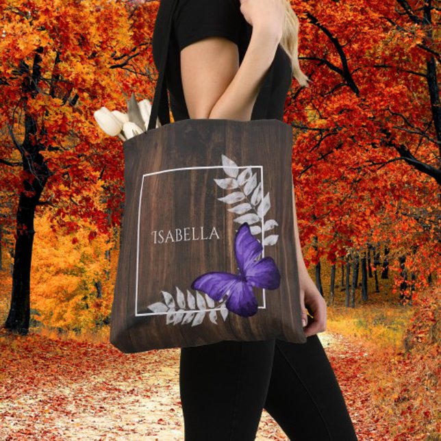 Rustic Lila Butterfly Personlig Tote Bag Tygkasse (Rustic Purple Butterfly Personalized Tote Bag)