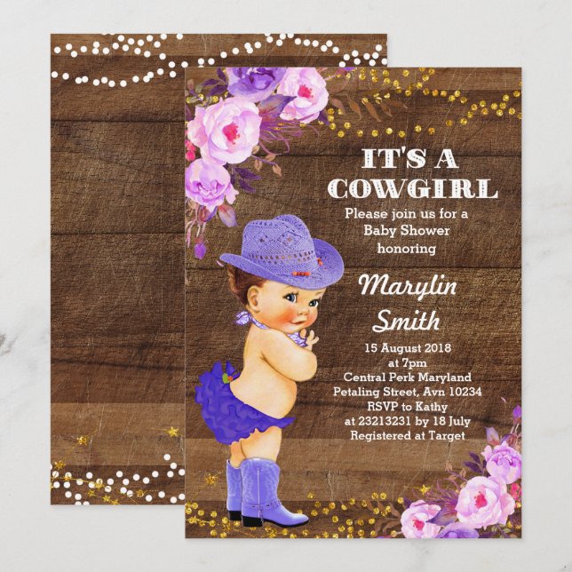Rustic Lila Cowgirl Baby Shower Lilac Inbjudningar (Fram/baksida)