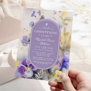 Rustic Lila & Gula blommor Christening Inbjudningar