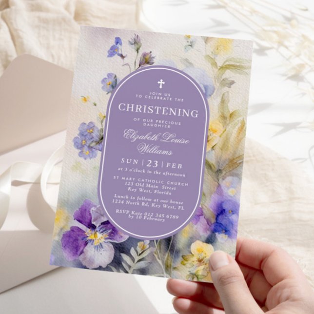 Rustic Lila & Gula blommor Christening Inbjudningar (Skapare uppladdad)