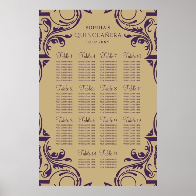 Rustic Lila Guld sittplatsplan poster (Framsidan)