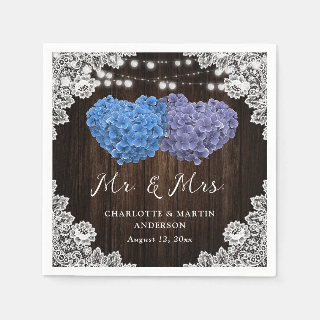 Rustic Lila och Blue Mr. och Mrs Blommigt Bröllop Pappersservett (Framsidan)