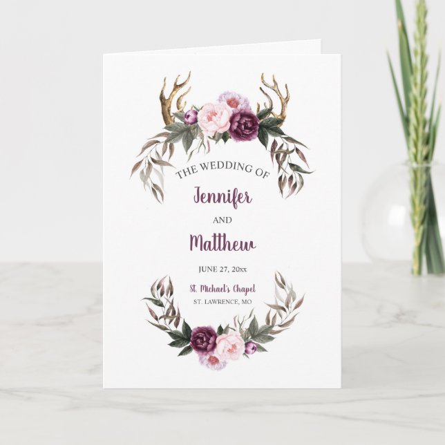 Rustic Lila Plum Peonies Antlers Bröllopsprogram Helgkort (Framsida)
