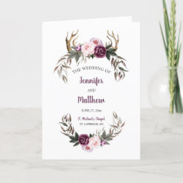 Rustic Lila Plum Peonies Antlers Bröllopsprogram Helgkort