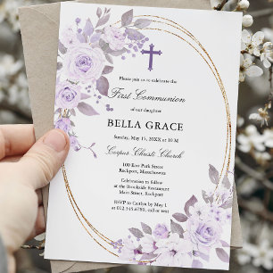 Rustic Lila Ro Blommigt First Heliga Communion Inbjudningar