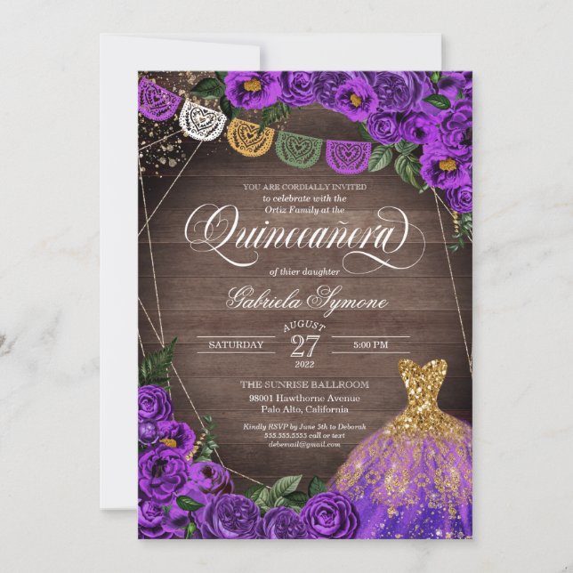 Rustic Lila Ro Glitter Gown Fiesta Quinceañera Inbjudningar (Framsida)