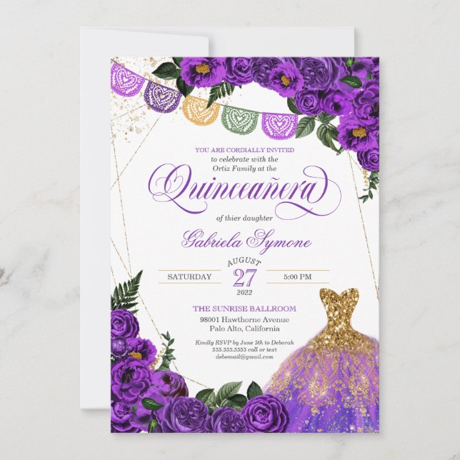 Rustic Lila Ro Glitter Gown Fiesta Quinceañera Inbjudningar (Framsida)