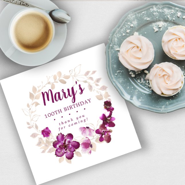 Rustic Lila Rosa Blommigt 100:e födelsedag Tack Pappersservett (Skapare uppladdad)