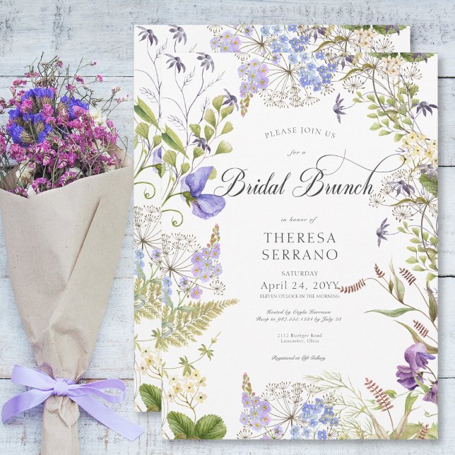 Rustic Lila Sage WildblommWhite Möhippa Brunch Inbjudningar (Rustic Purple Sage Wildflower White Bridal Brunch Invitation)