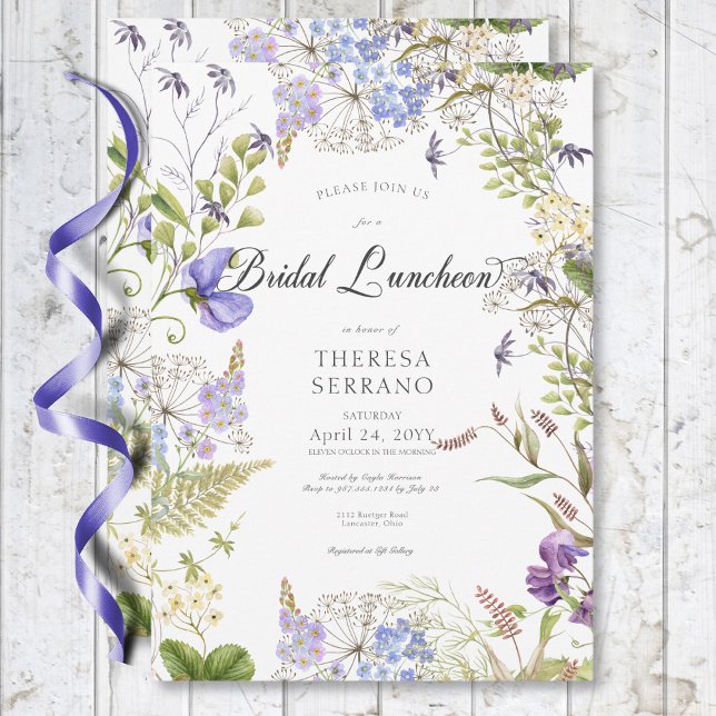 Rustic Lila Sage WildblommWhite Möhippa Lunch Inbjudningar (Rustic Purple Sage Wildflower White Bridal Lunch Invitation)
