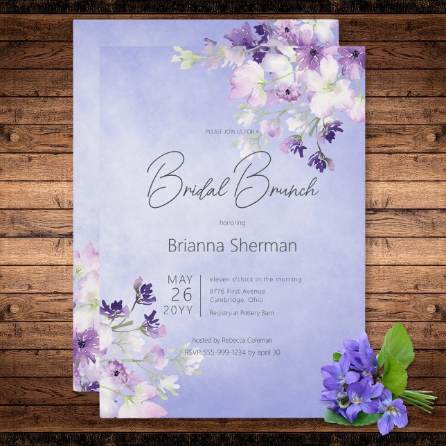Rustic Lila Watercolor Blommigt Möhippa Brunch Inbjudningar (Rustic Purple Watercolor Floral Bridal Brunch Invitation)