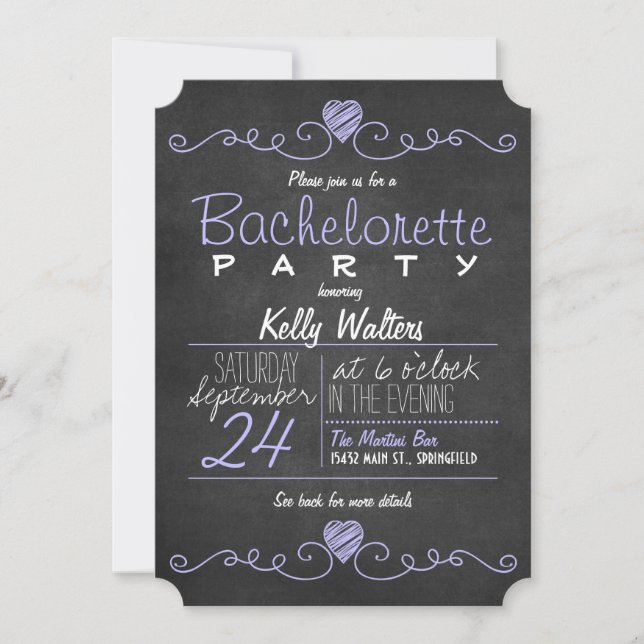 Rustic Lila, White Chalkboard Bachelorette Party Inbjudningar (Framsida)