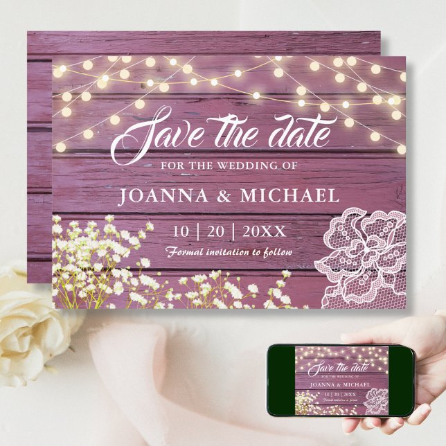 Rustic Lila Wood String Ljus & Snöre Spara Datumet (Skapare uppladdad)