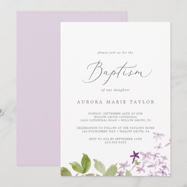 Rustic Lilac Baptism Inbjudningar (Fram/baksida)