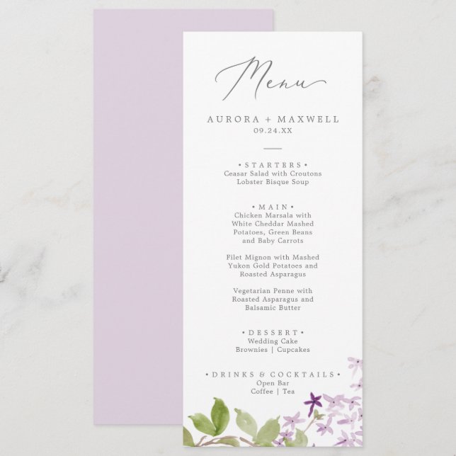 Rustic Lilac Bröllop Dinner Menu Meny (Fram/baksida)