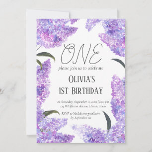 Rustic Lilac First Birthday Wildblomma Birthday Inbjudningar