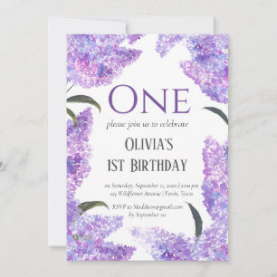 Rustic Lilac First Birthday Wildblomma Birthday Inbjudningar