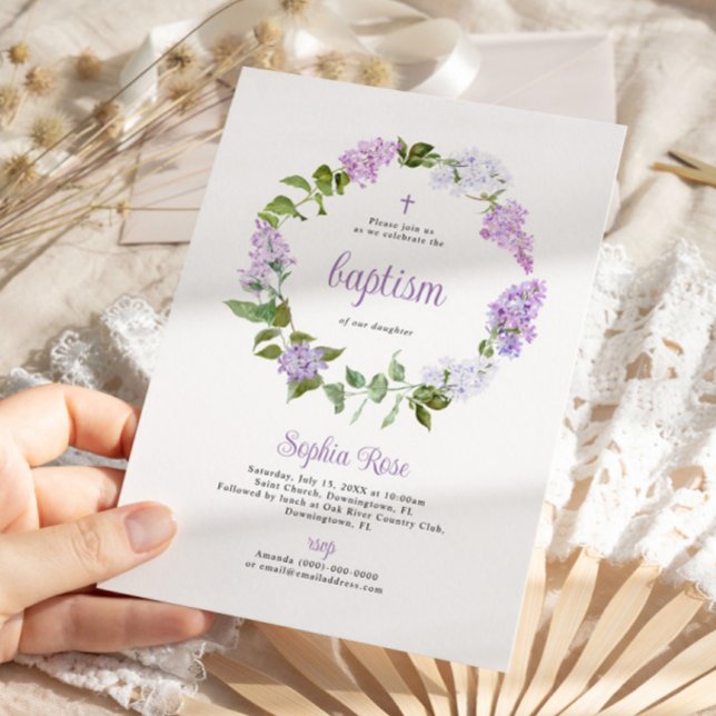 Rustic Lilac Flowers Baptism-inbjudan Inbjudningar (Skapare uppladdad)