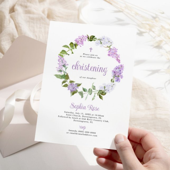 Rustic Lilac Flowers Christening-inbjudan Inbjudningar (Skapare uppladdad)