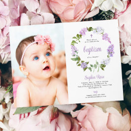 Rustic Lilac Flowers Photo Girl Baptism Inbjudningar